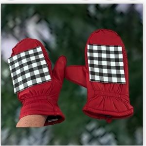 Red Lambskin Leather Mittens Fleece Lined